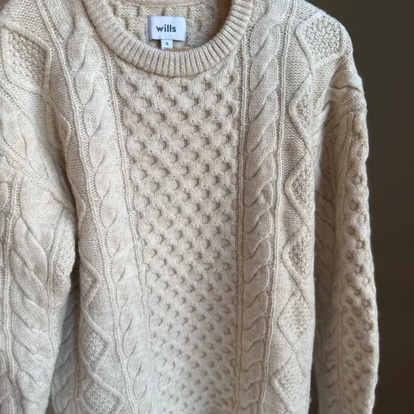 Wills 100% Wool Sweater Size S Cream Beige Cable Knit Men’s - Picture 15 of 15